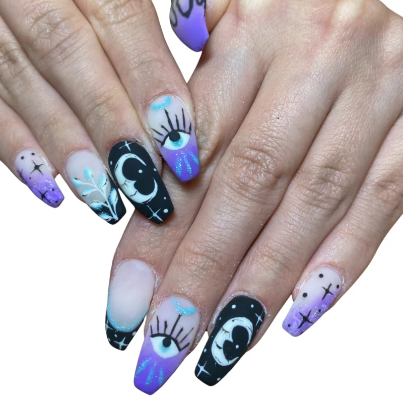 celestial evil eye moon nail art purple black