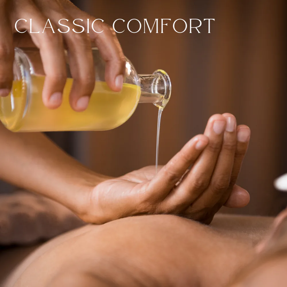 classic comfort spa package massage oil poured hands