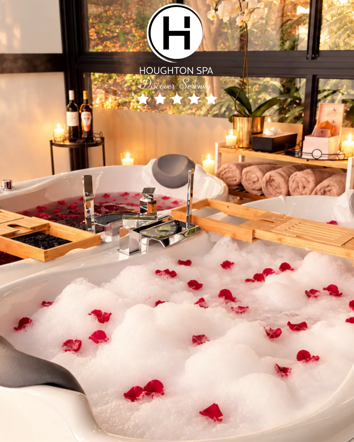 houghton night spa bubble bath with rose petals candles